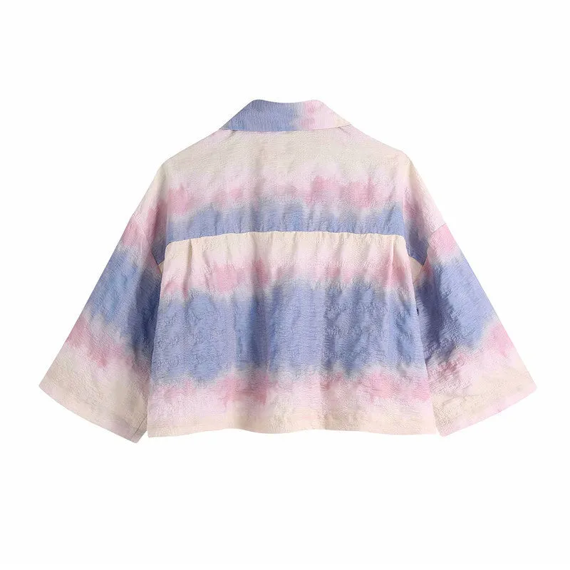 European street fashion loose casual tie-dyed shirt crop top demi sleeve buttons placket