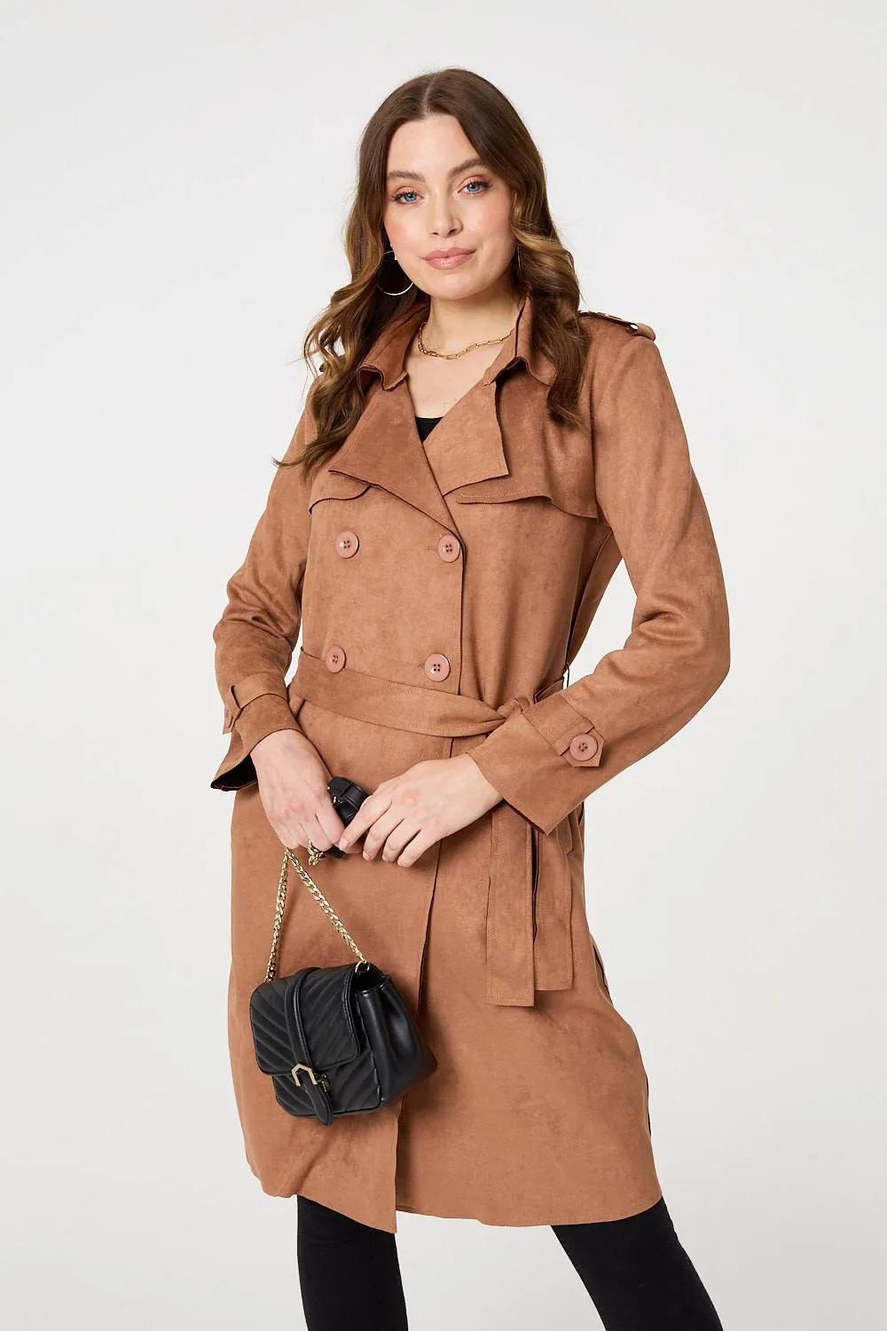 Faux Suede Button Front Trench Coat
