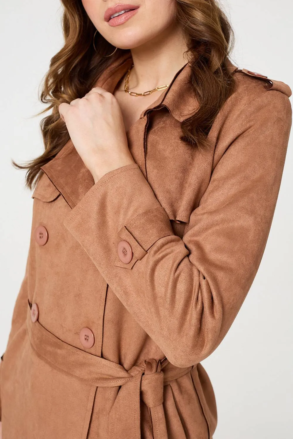 Faux Suede Button Front Trench Coat