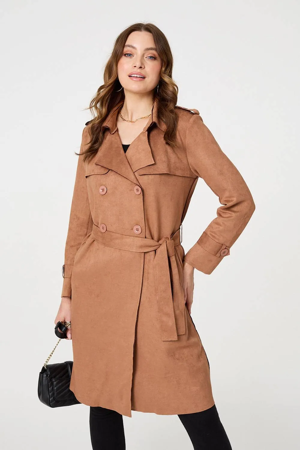 Faux Suede Button Front Trench Coat