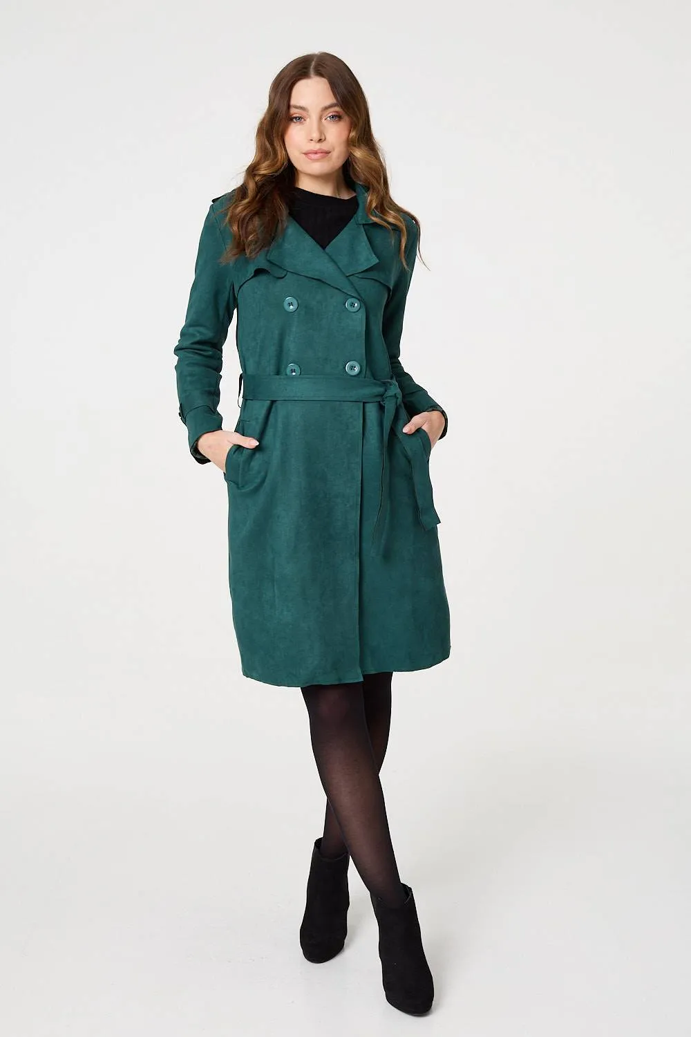 Faux Suede Button Front Trench Coat