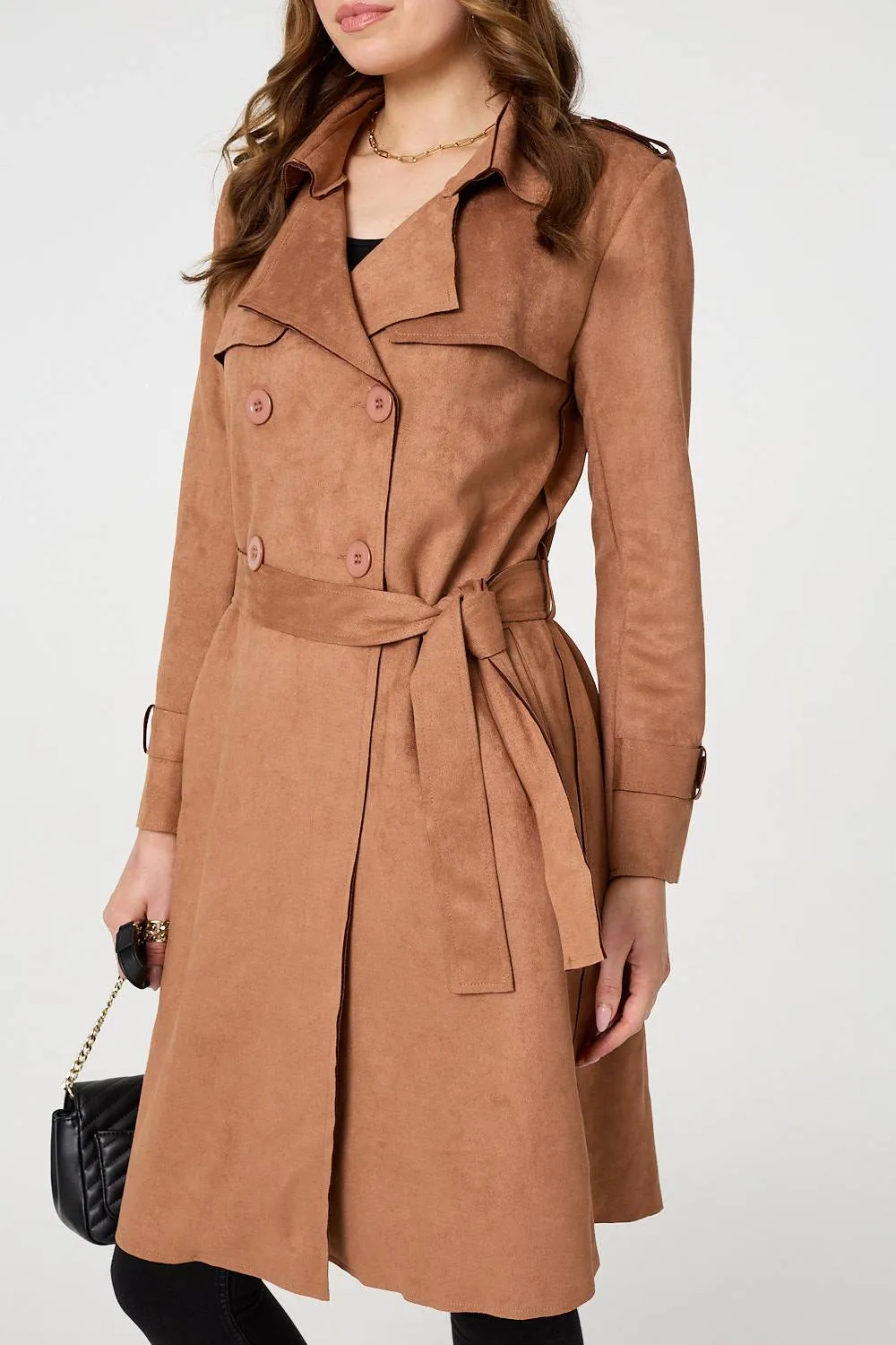 Faux Suede Button Front Trench Coat
