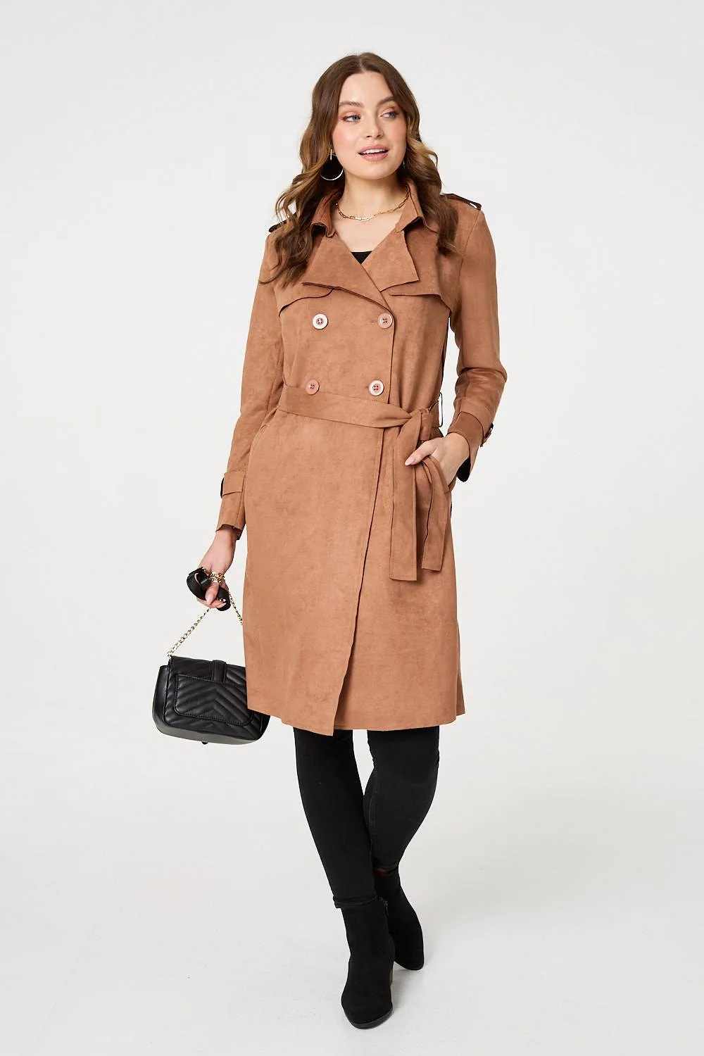 Faux Suede Button Front Trench Coat