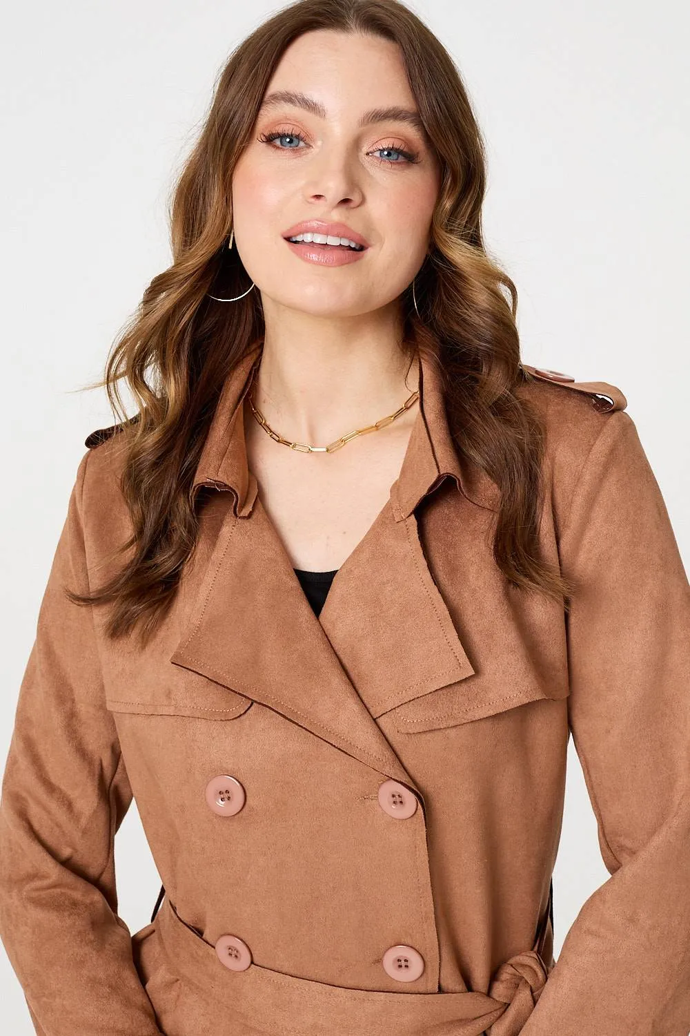 Faux Suede Button Front Trench Coat