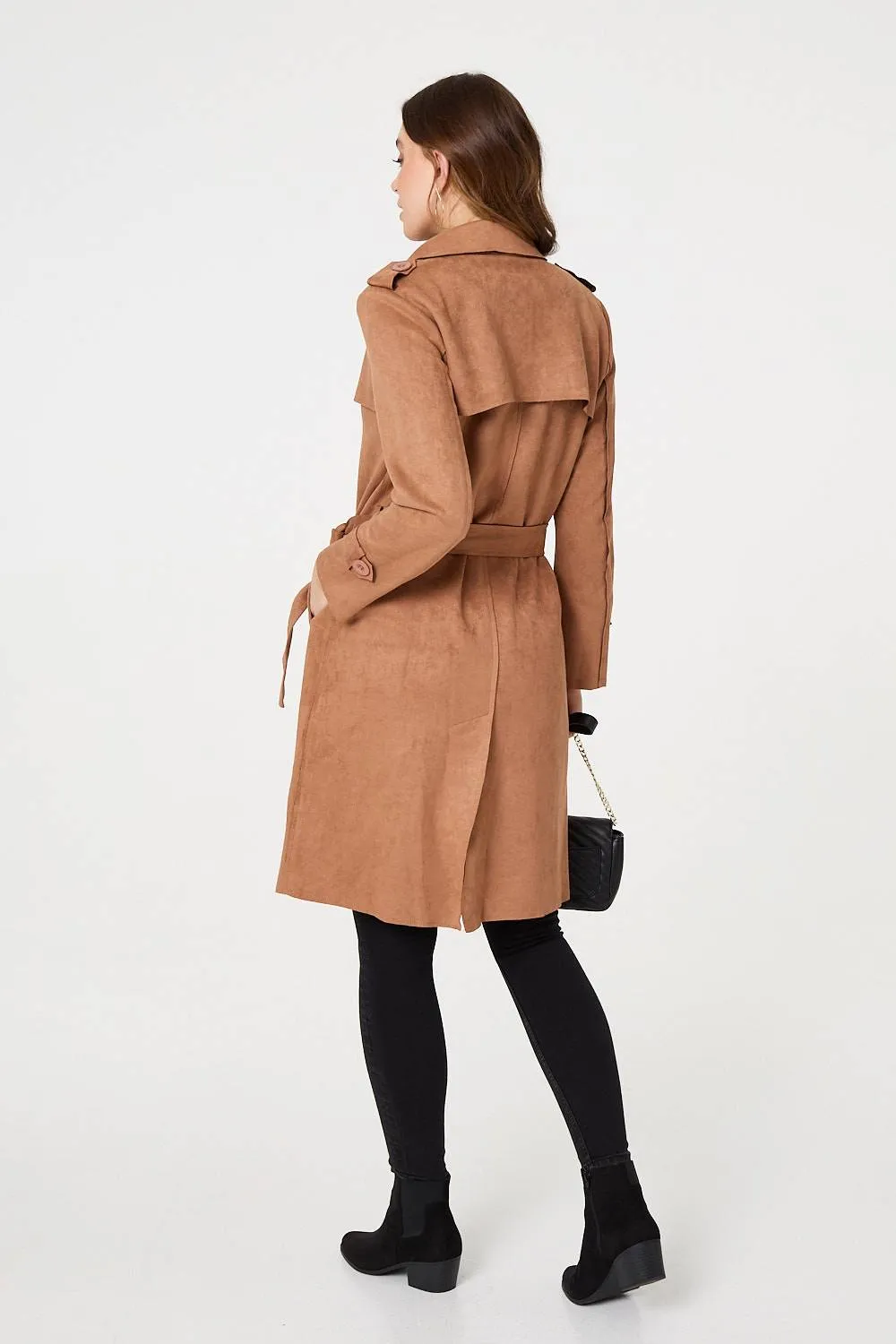 Faux Suede Button Front Trench Coat