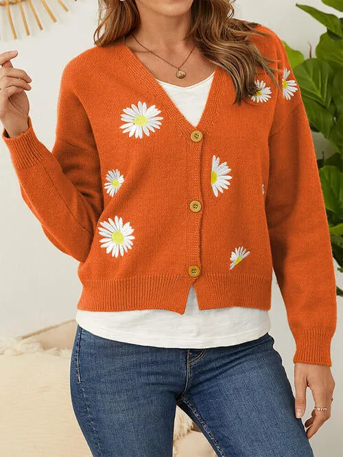 Floral Embroidered Cropped Classic Knit Button Front Retro Long Sleeve Soft Cardigan