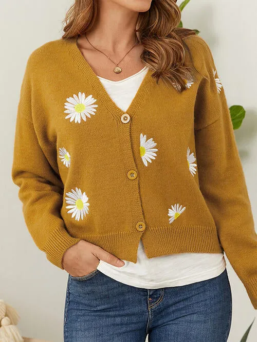 Floral Embroidered Cropped Classic Knit Button Front Retro Long Sleeve Soft Cardigan