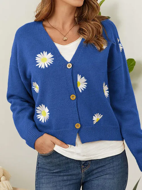 Floral Embroidered Cropped Classic Knit Button Front Retro Long Sleeve Soft Cardigan