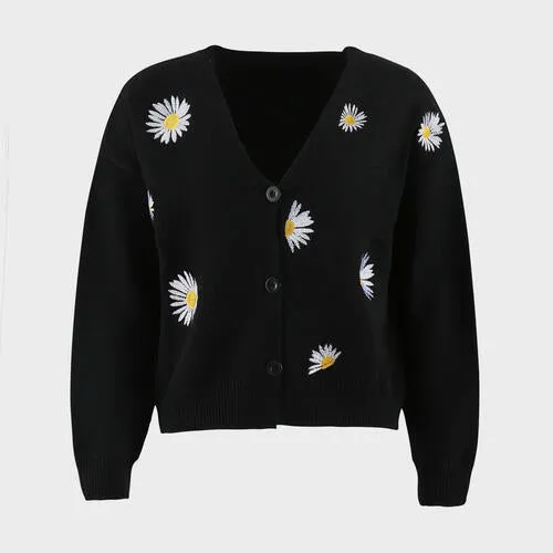 Floral Embroidered Cropped Classic Knit Button Front Retro Long Sleeve Soft Cardigan