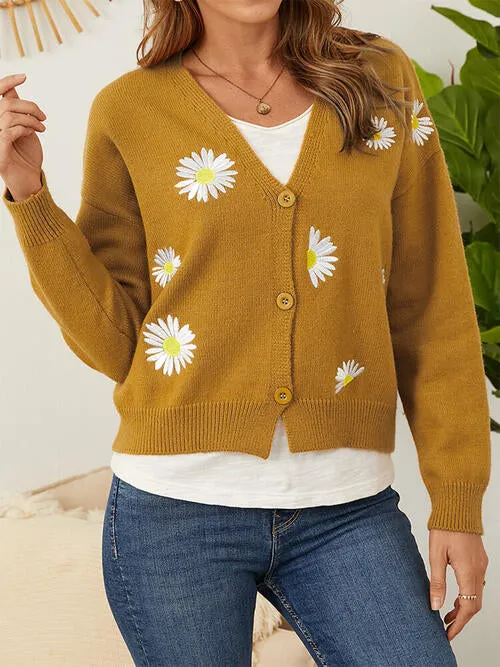 Floral Embroidered Cropped Classic Knit Button Front Retro Long Sleeve Soft Cardigan