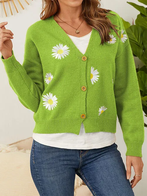 Floral Embroidered Cropped Classic Knit Button Front Retro Long Sleeve Soft Cardigan