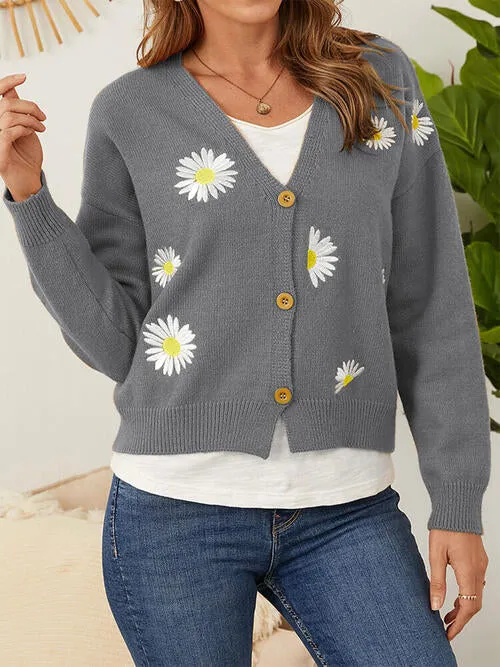 Floral Embroidered Cropped Classic Knit Button Front Retro Long Sleeve Soft Cardigan