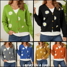 Floral Embroidered Cropped Classic Knit Button Front Retro Long Sleeve Soft Cardigan