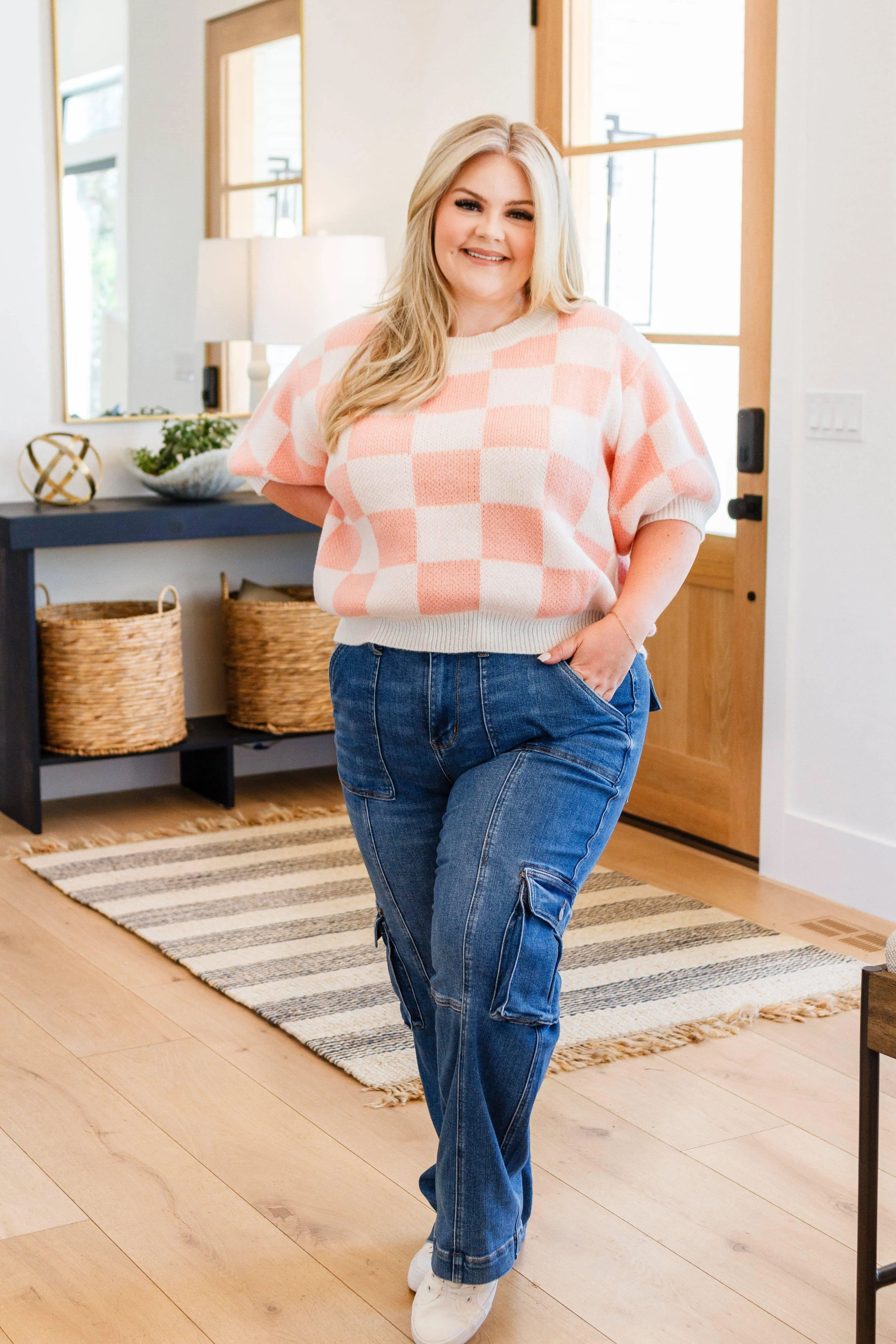 Full size short sleeve checkered sweater