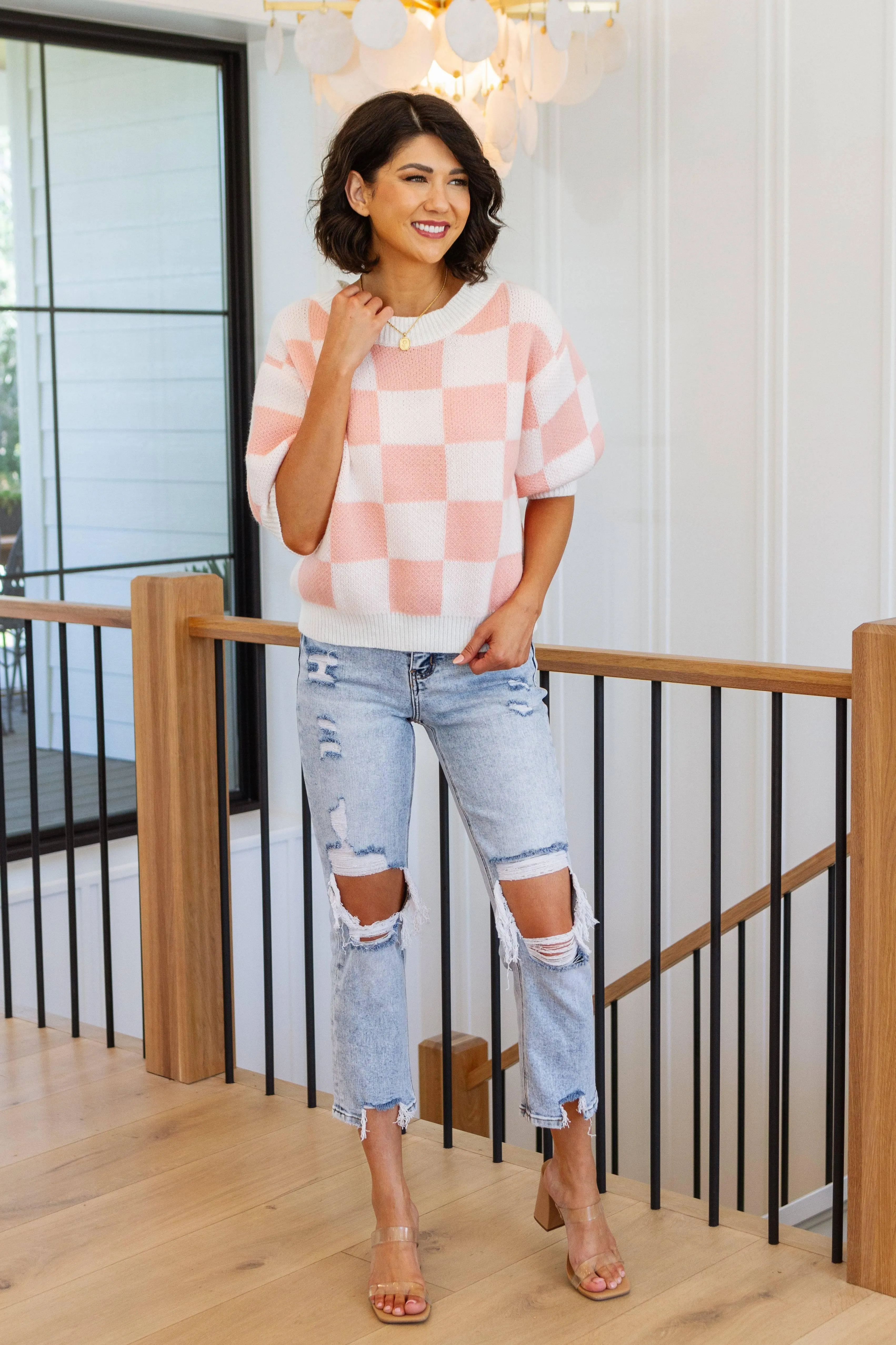 Full size short sleeve checkered sweater