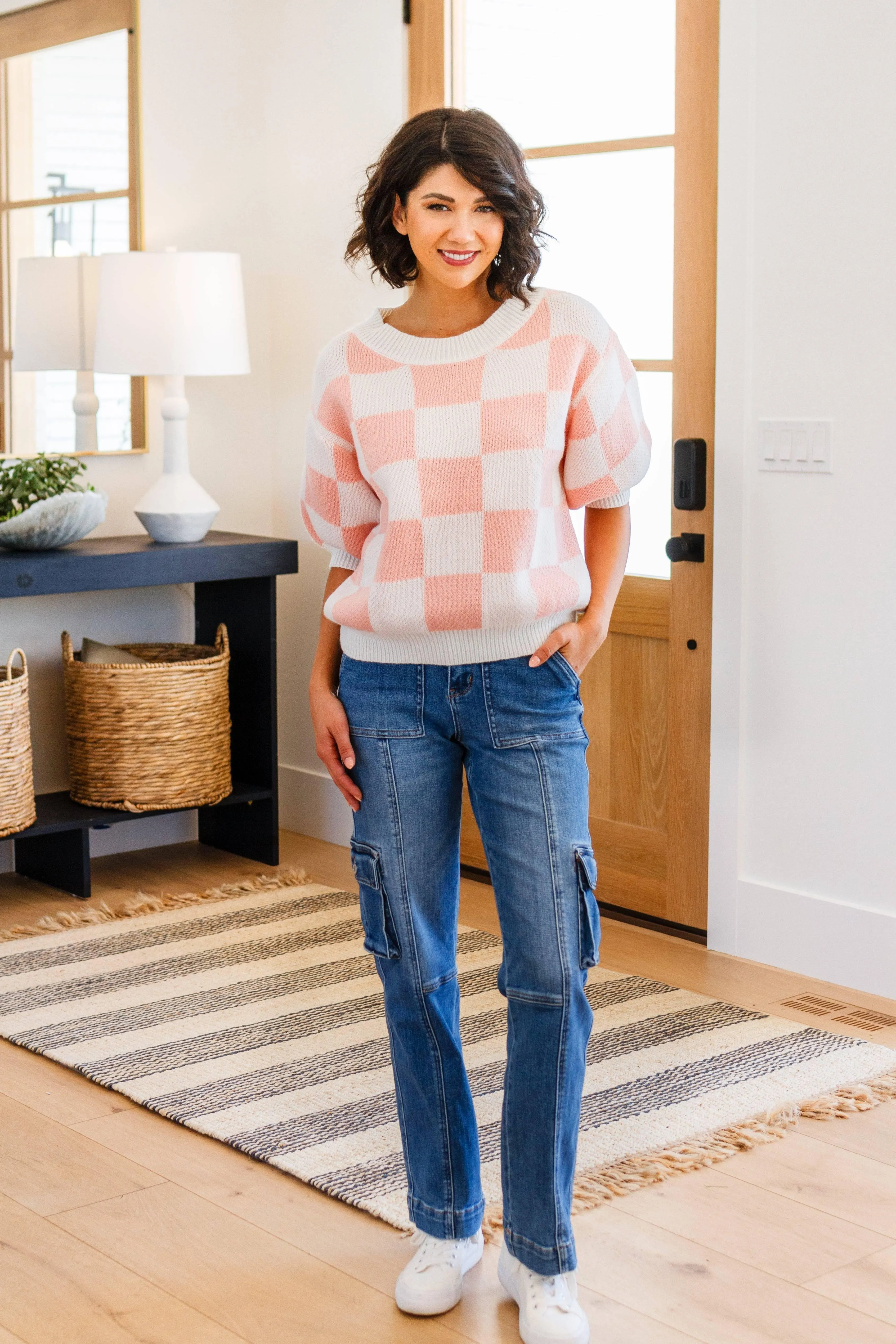 Full size short sleeve checkered sweater
