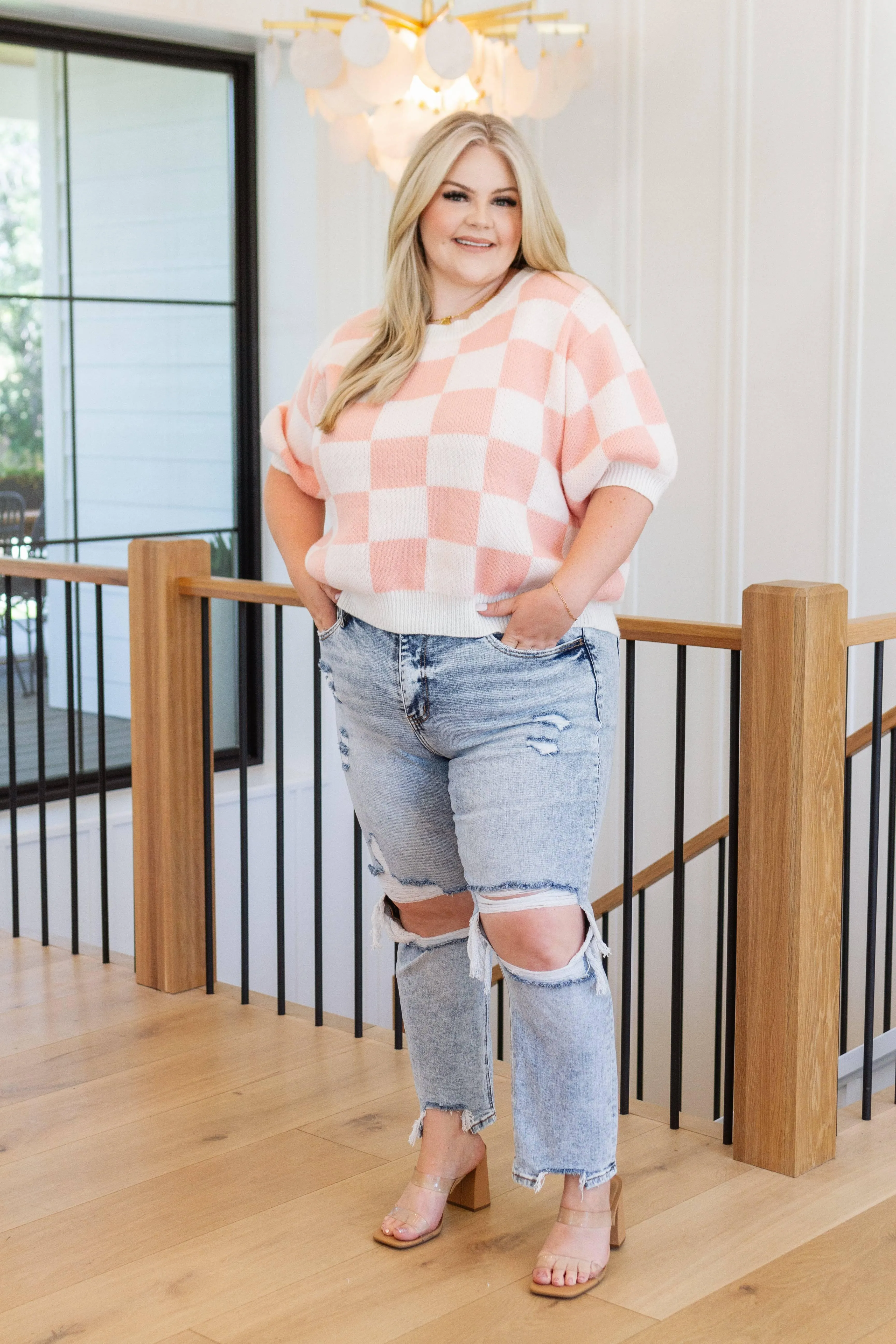 Full size short sleeve checkered sweater