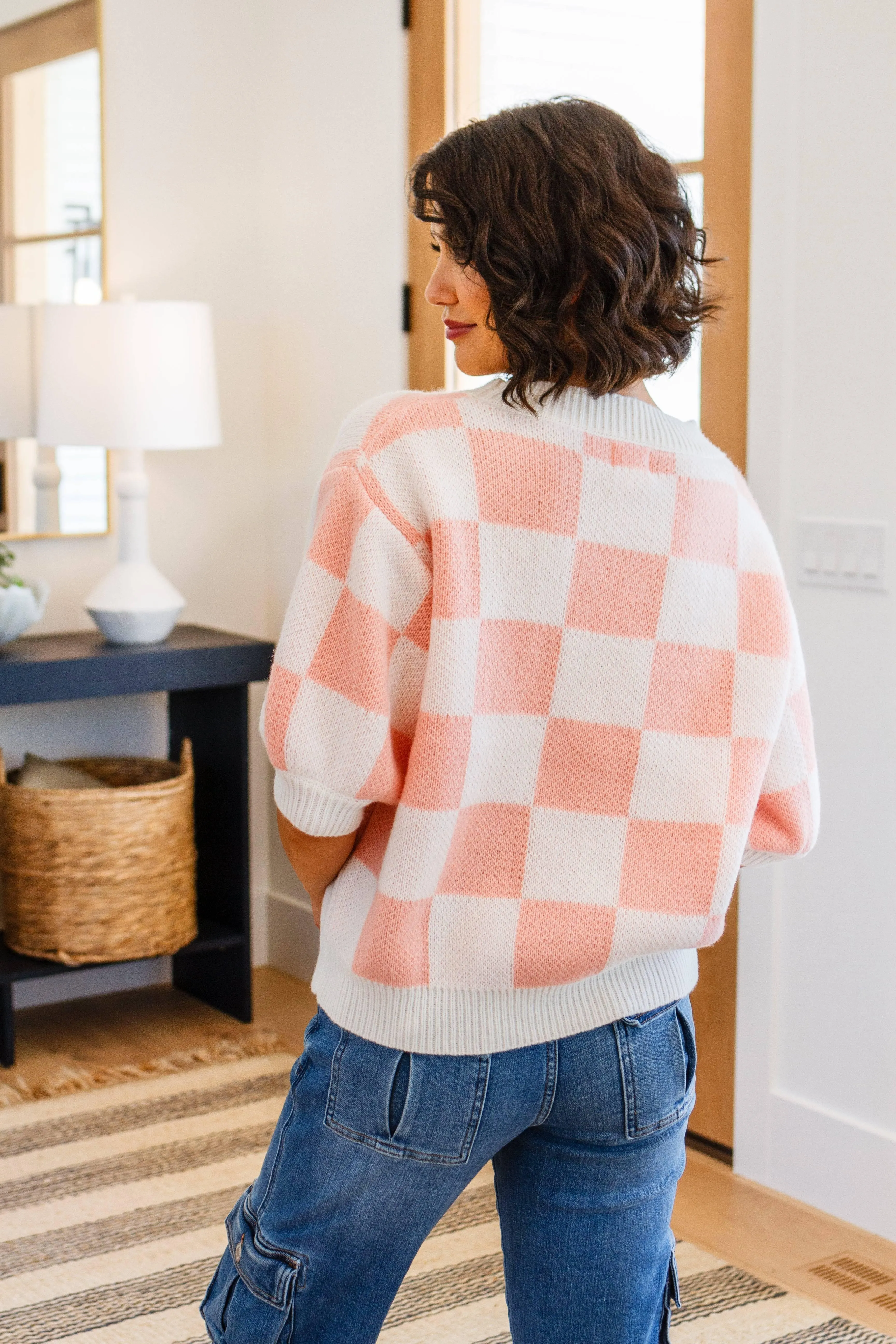 Full size short sleeve checkered sweater