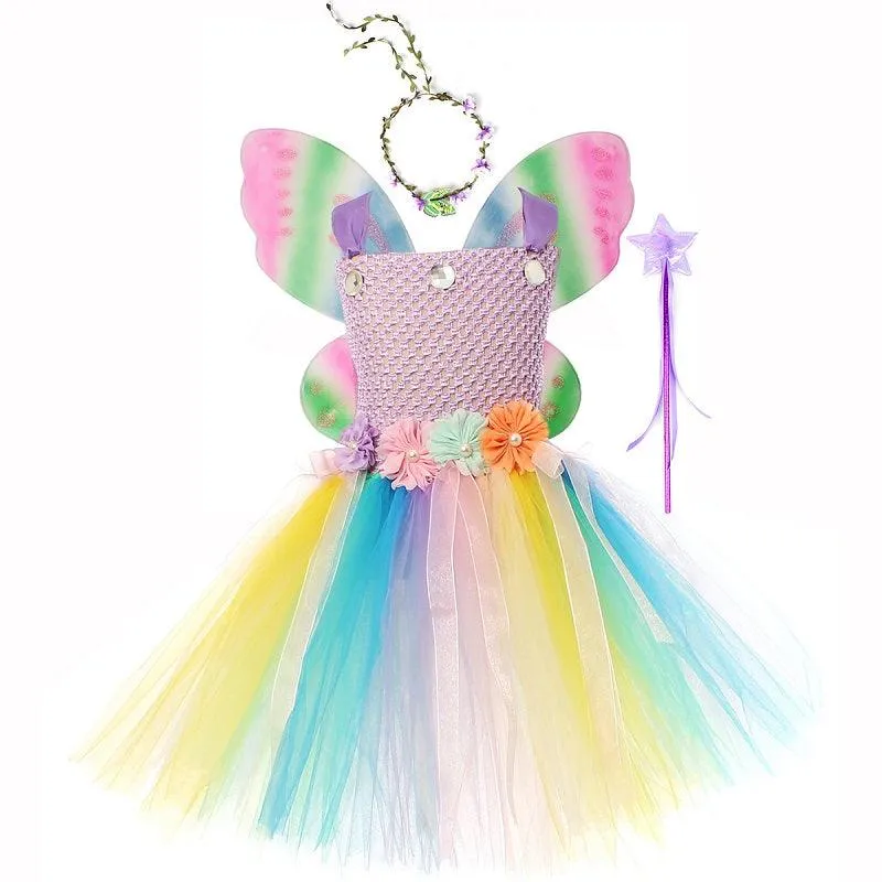 Girl Rainbow Butterfly Wings Princess Dress Flower Fairy Magic Dress Carnival Birthday Banquet Halloween Stage Performance Dress