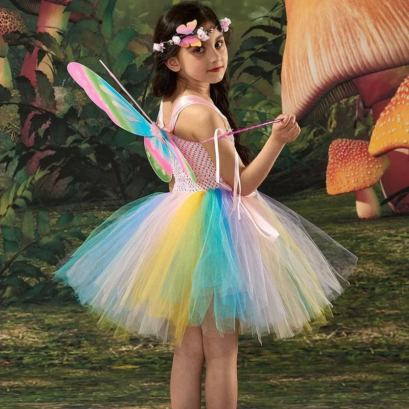 Girl Rainbow Butterfly Wings Princess Dress Flower Fairy Magic Dress Carnival Birthday Banquet Halloween Stage Performance Dress
