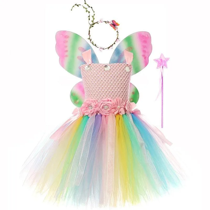 Girl Rainbow Butterfly Wings Princess Dress Flower Fairy Magic Dress Carnival Birthday Banquet Halloween Stage Performance Dress