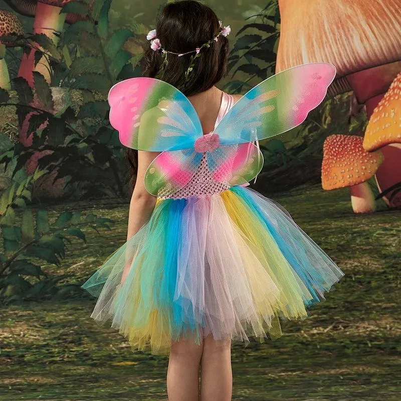 Girl Rainbow Butterfly Wings Princess Dress Flower Fairy Magic Dress Carnival Birthday Banquet Halloween Stage Performance Dress