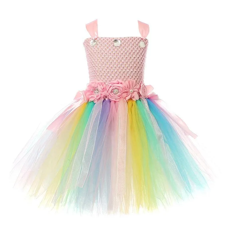 Girl Rainbow Butterfly Wings Princess Dress Flower Fairy Magic Dress Carnival Birthday Banquet Halloween Stage Performance Dress