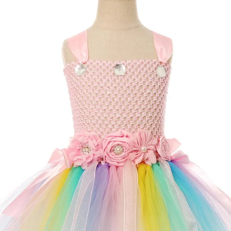 Girl Rainbow Butterfly Wings Princess Dress Flower Fairy Magic Dress Carnival Birthday Banquet Halloween Stage Performance Dress