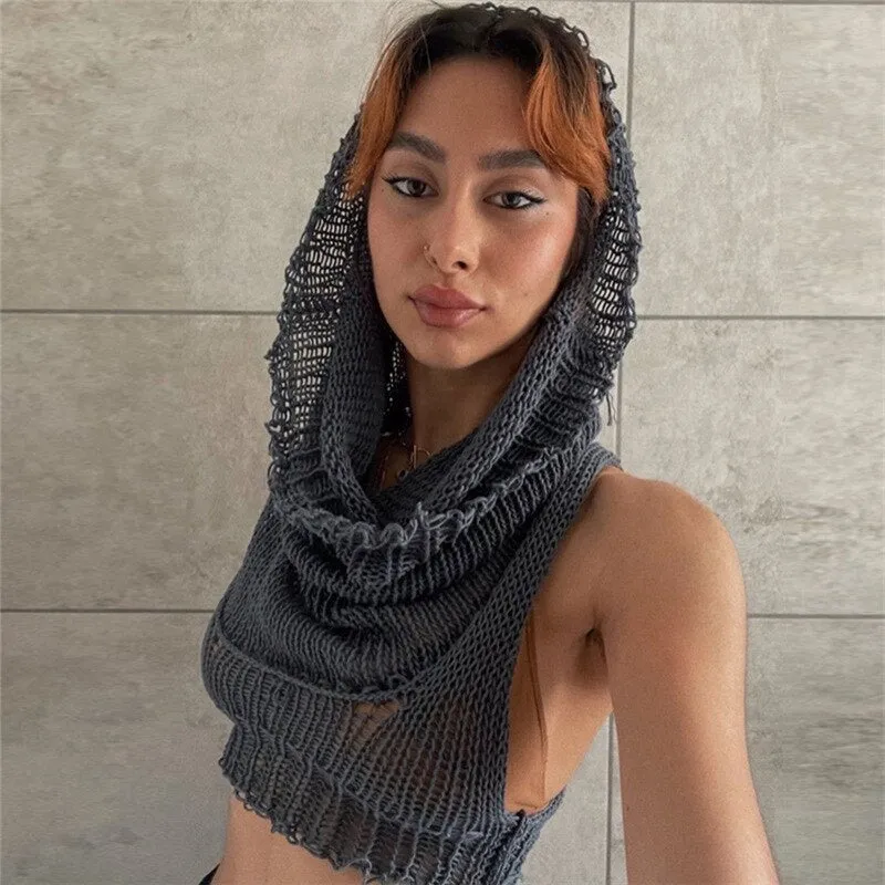 Hat Hood High Collar Crop Hoodie Tops Women Women Punk Gothic Sweater Vest Coat Halloween Horror Costume Y2K Crop Top For Adult