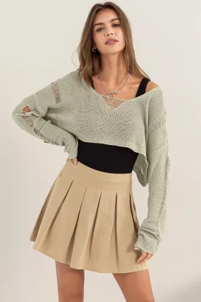 HF24A875-Distressed Sweater Crop Top