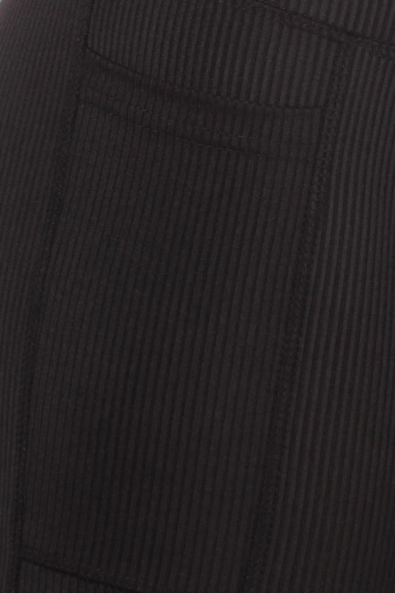High Waist Rib Knit Leggings With Side Pockets - Black