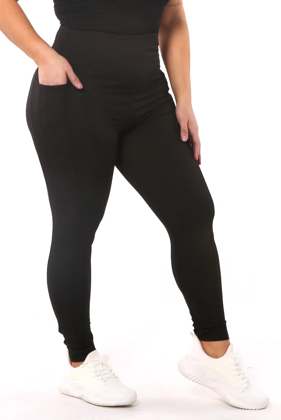 High Waist Rib Knit Leggings With Side Pockets - Black