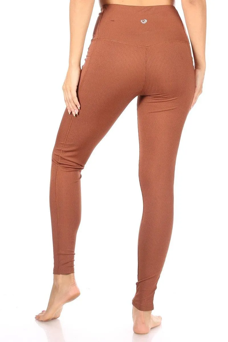 High Waist Rib Knit Leggings With Side Pockets - Camel Brown