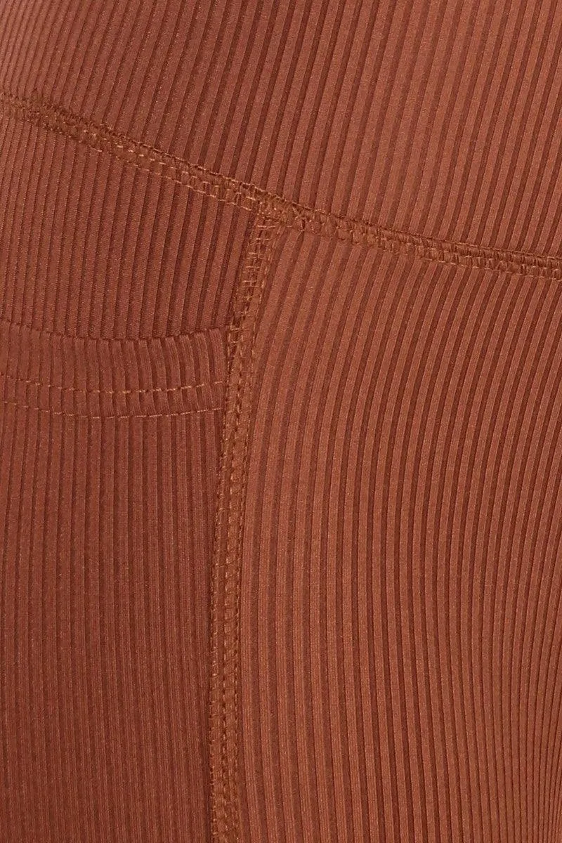 High Waist Rib Knit Leggings With Side Pockets - Camel Brown
