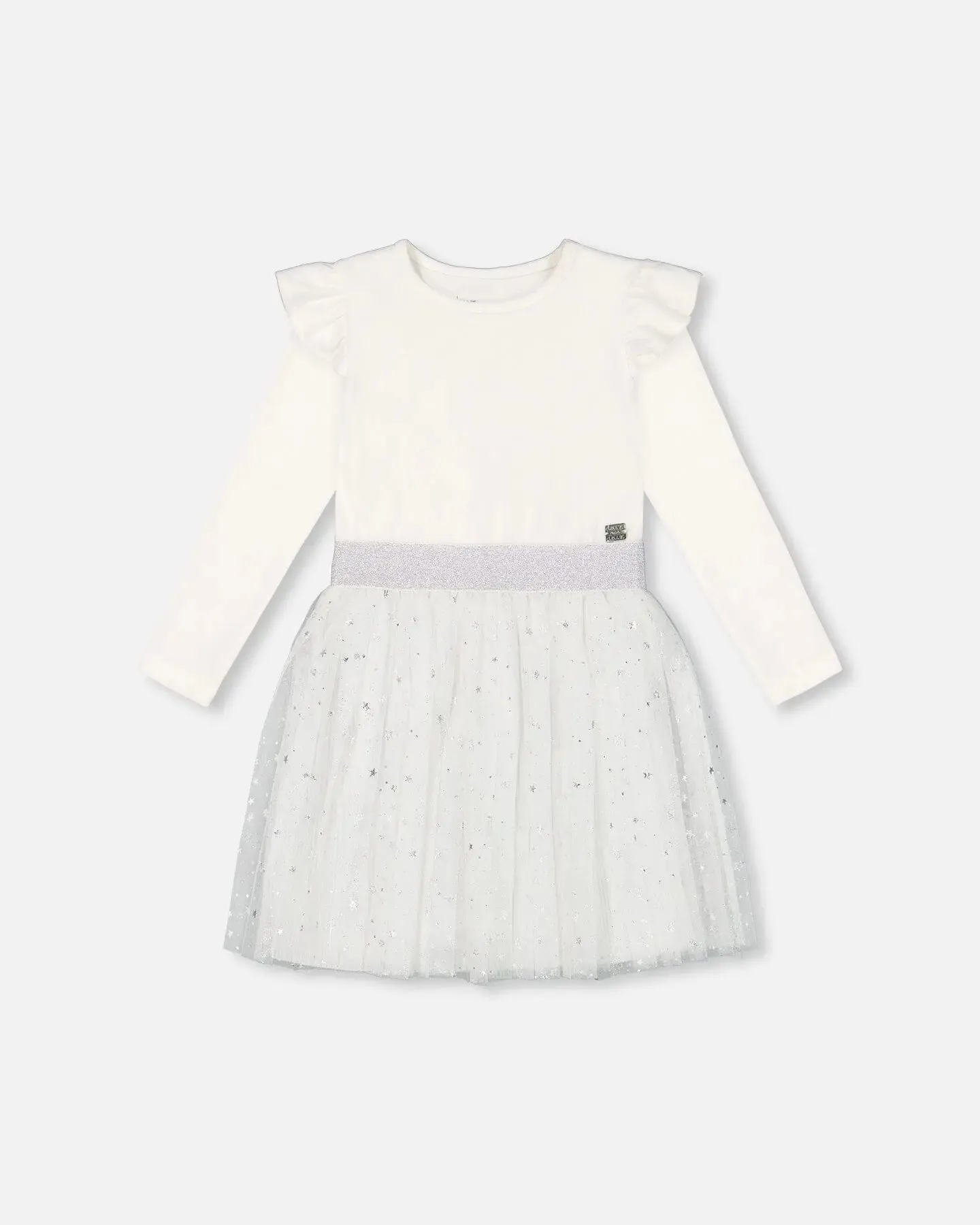 Long Sleeve Dress With Glittering Tulle Skirt Off White
