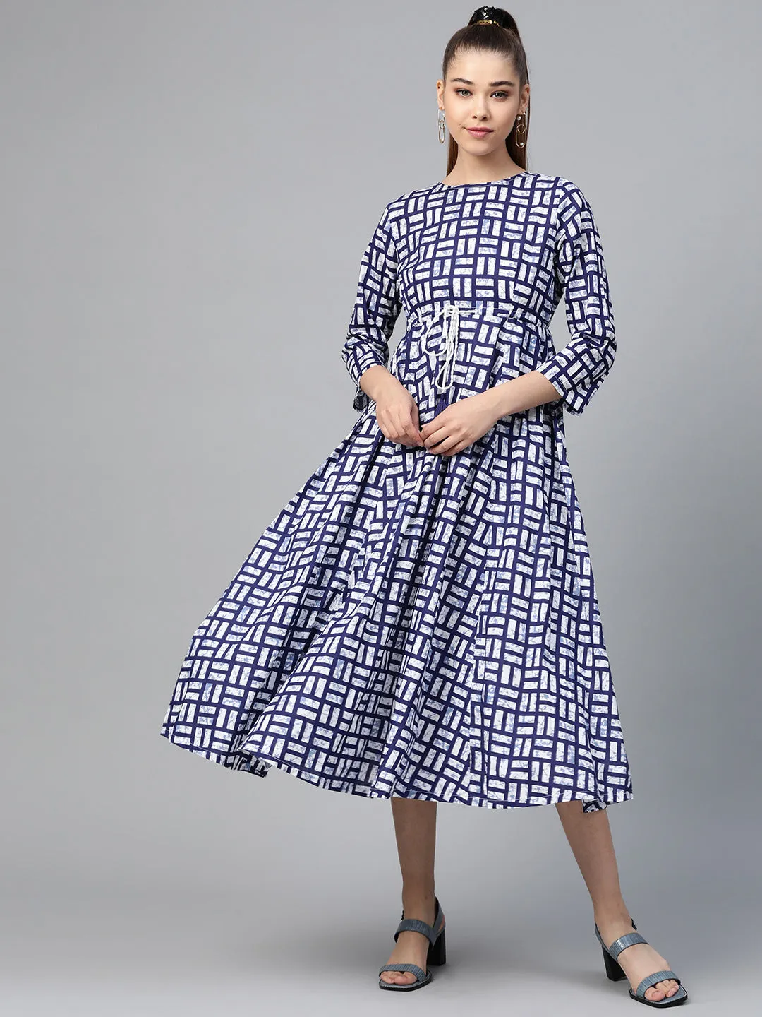 Navy Geo Print Drawstring Anarkali Dress