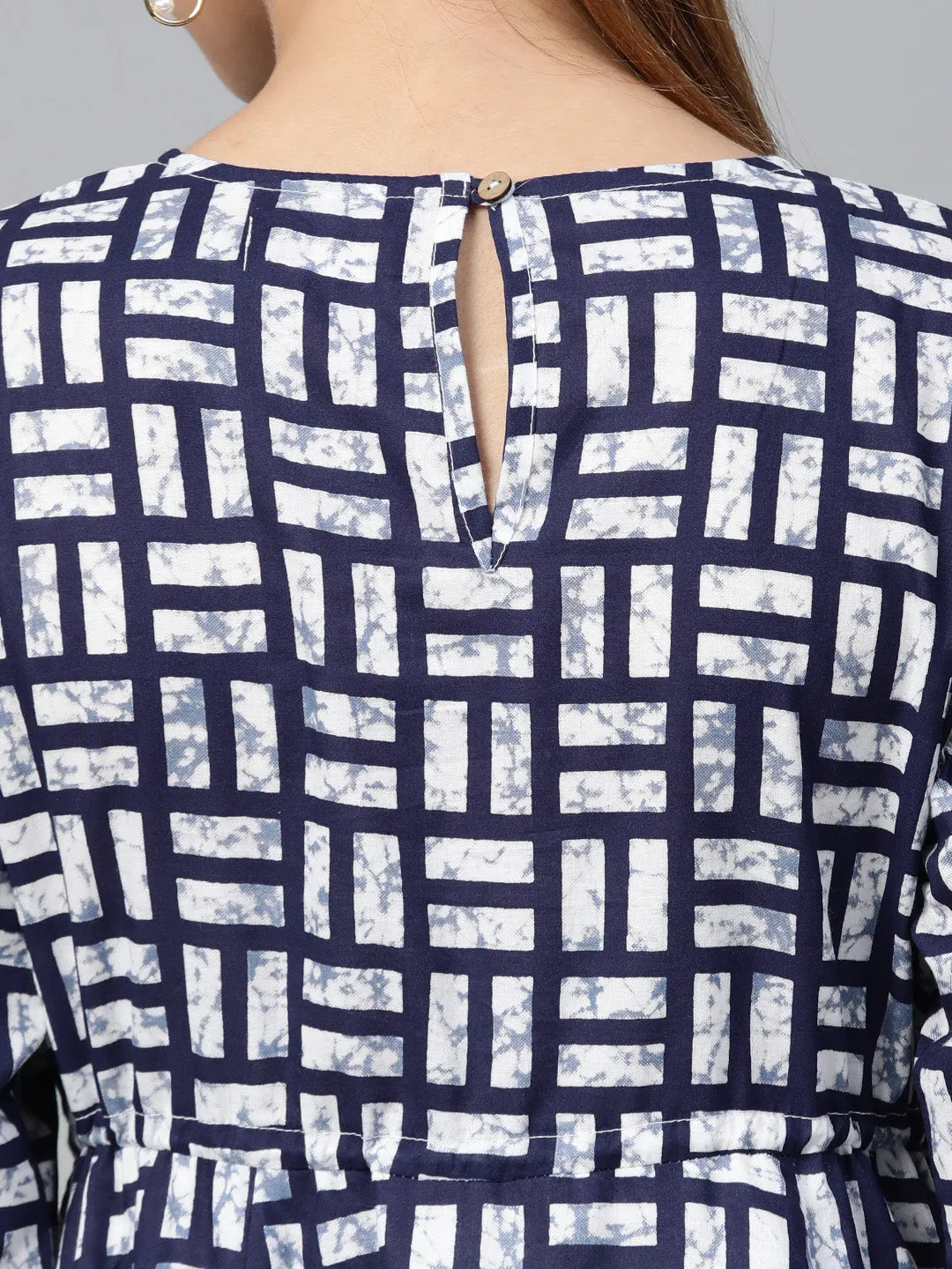 Navy Geo Print Drawstring Anarkali Dress