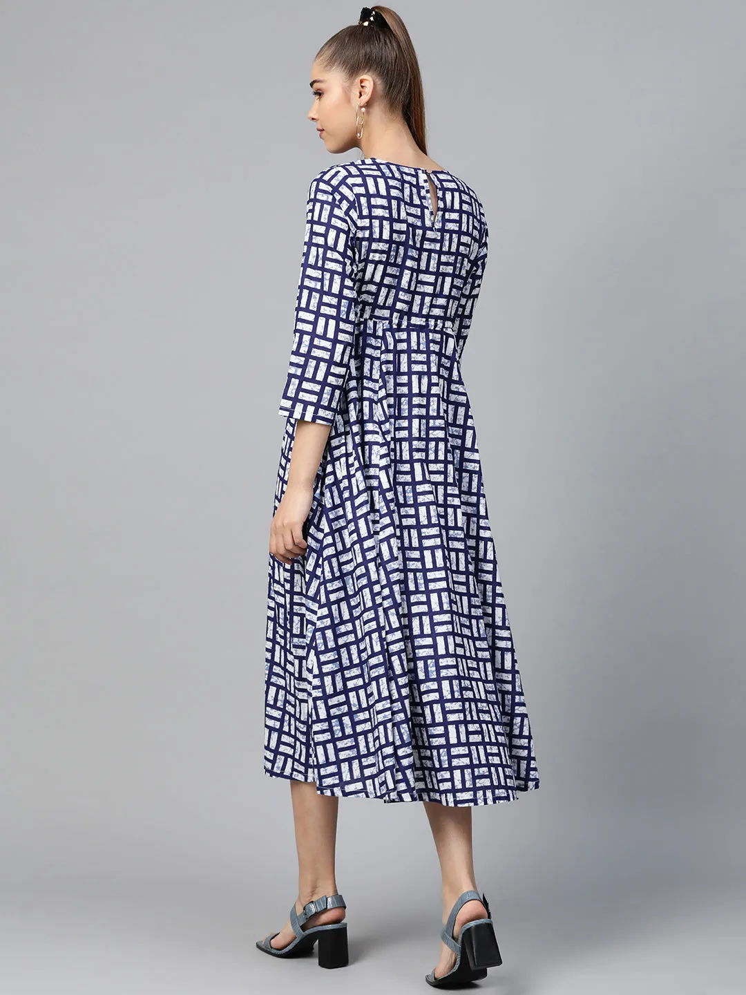 Navy Geo Print Drawstring Anarkali Dress