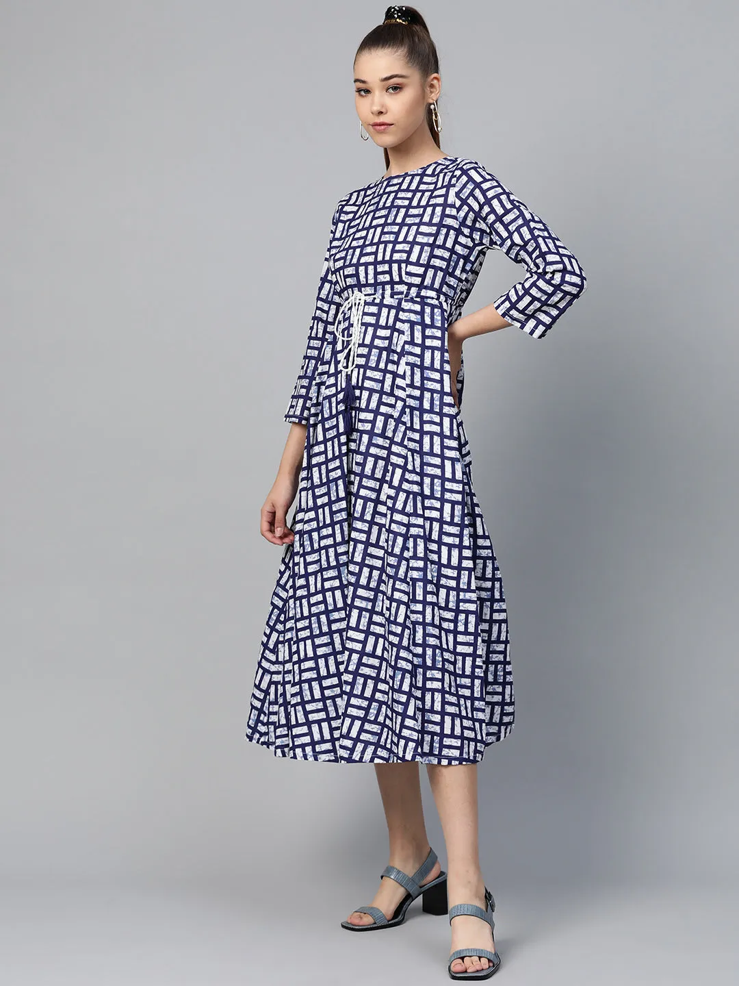 Navy Geo Print Drawstring Anarkali Dress