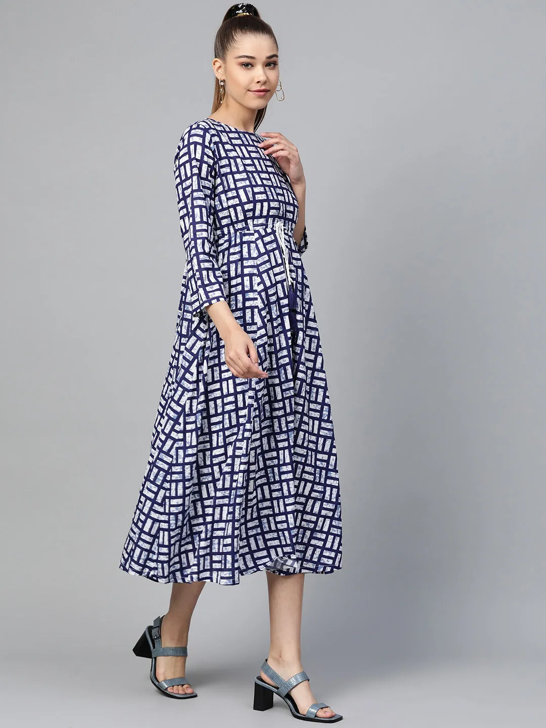 Navy Geo Print Drawstring Anarkali Dress