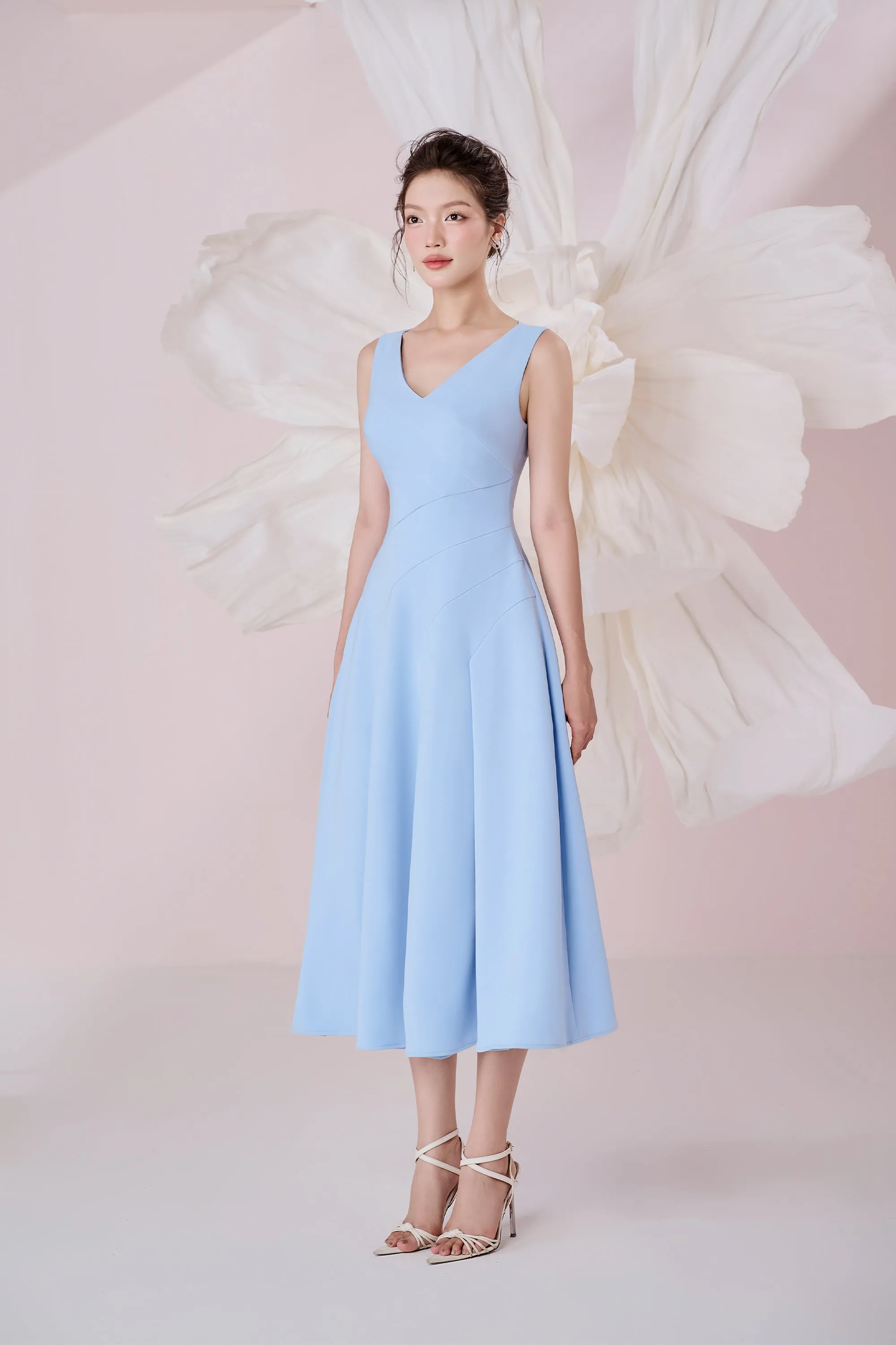 Opal A-line V-Neck Cotton Knitted Calf Length Dress