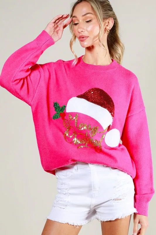 Pink Santa Sequin Detail Sweater Top