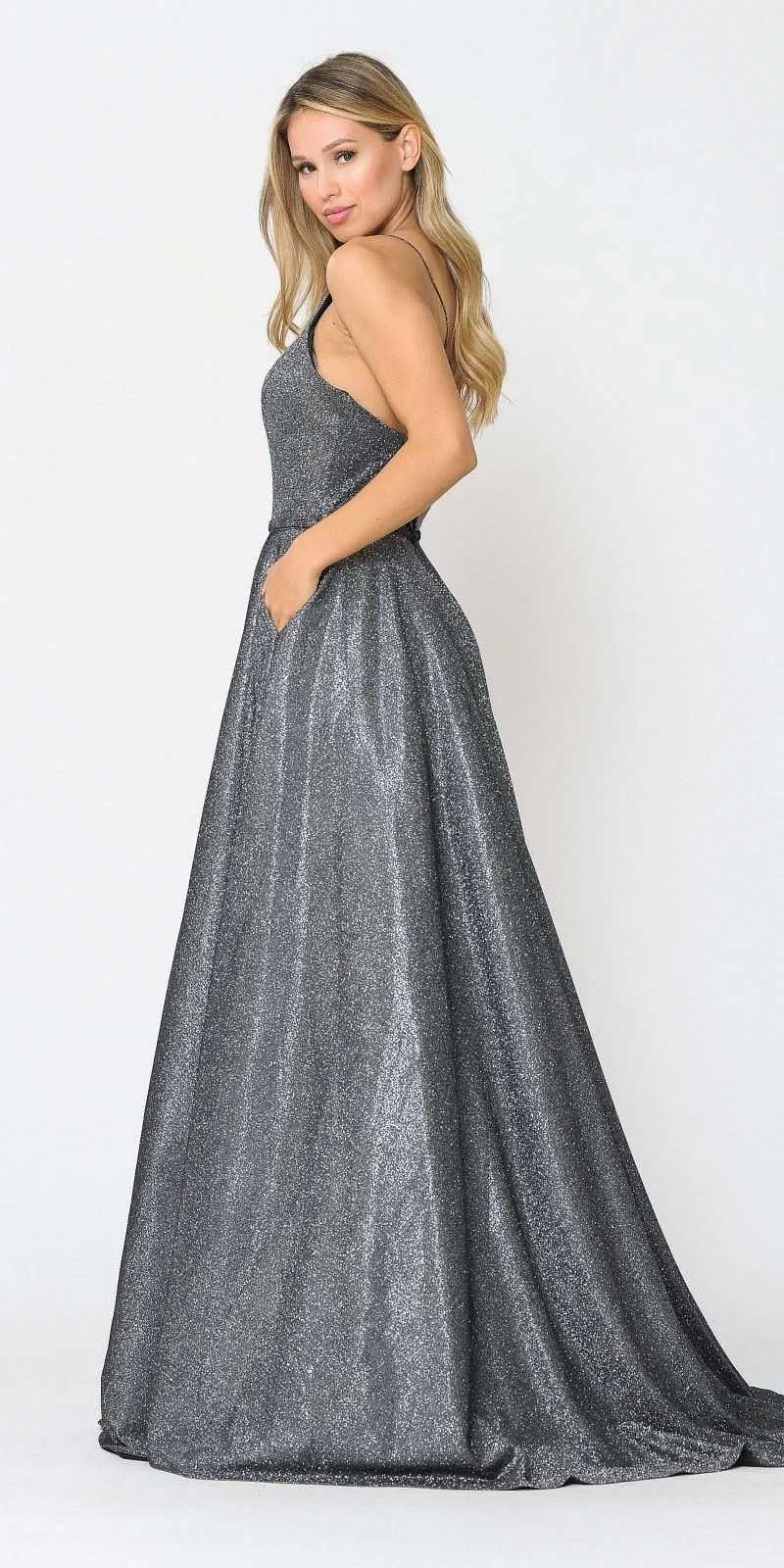 Poly USA 8436 Long Glitter Prom Dress Criss-Cross Back