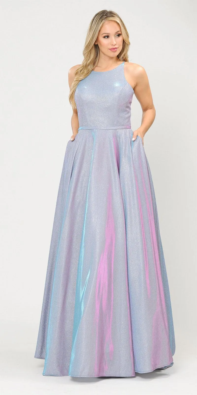 Poly USA 8436 Long Glitter Prom Dress Criss-Cross Back