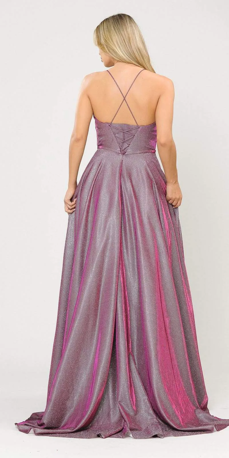 Poly USA 8436 Long Glitter Prom Dress Criss-Cross Back