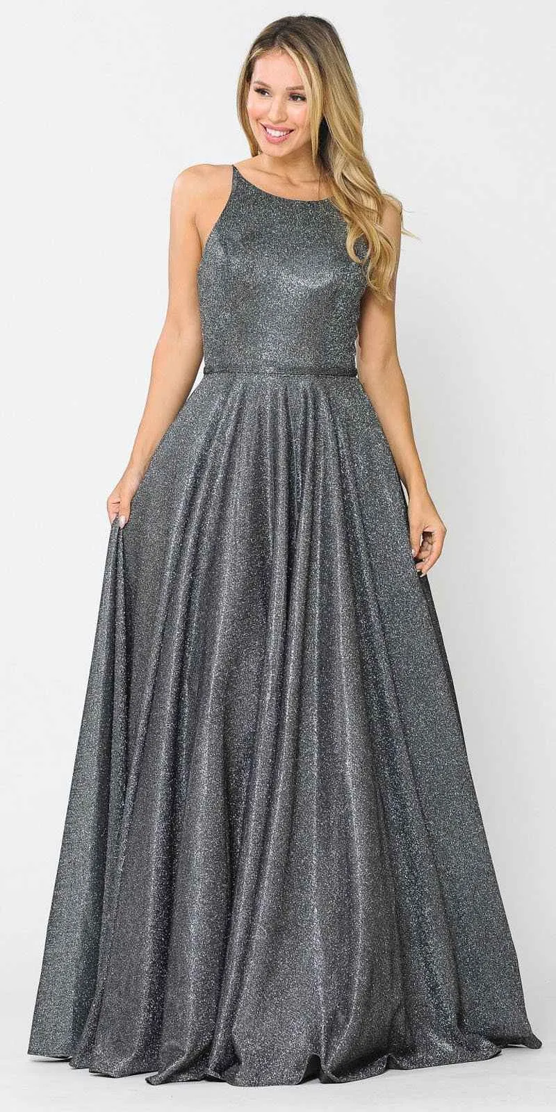 Poly USA 8436 Long Glitter Prom Dress Criss-Cross Back