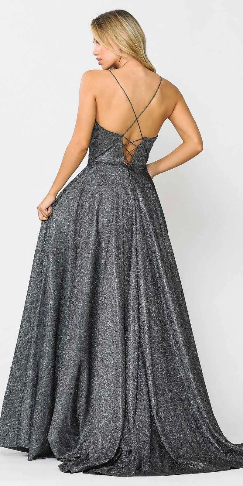 Poly USA 8436 Long Glitter Prom Dress Criss-Cross Back