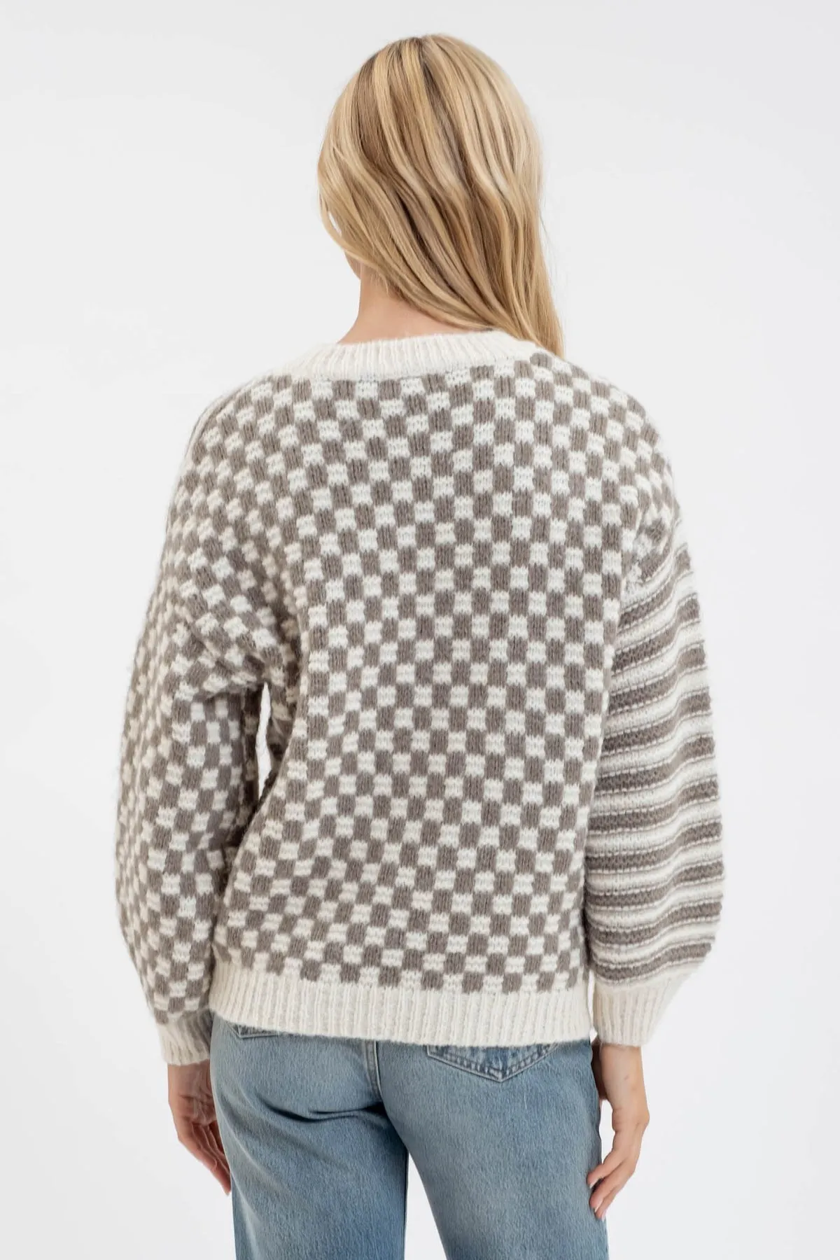 Sharon Round Neck Long Sleeve Checkered Pattern Sweater