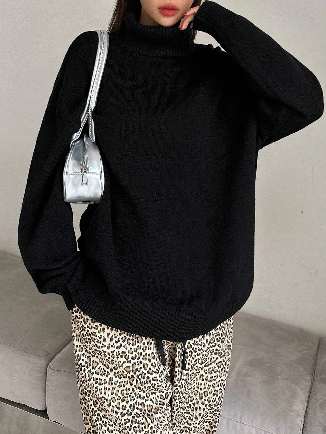 SHEIN DAZY Women's Fall Casual High Neck Loose Black Sweater
