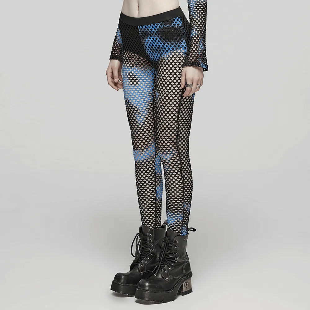 Stylish Women's Fishnet Mesh Leggings in Black-Blue